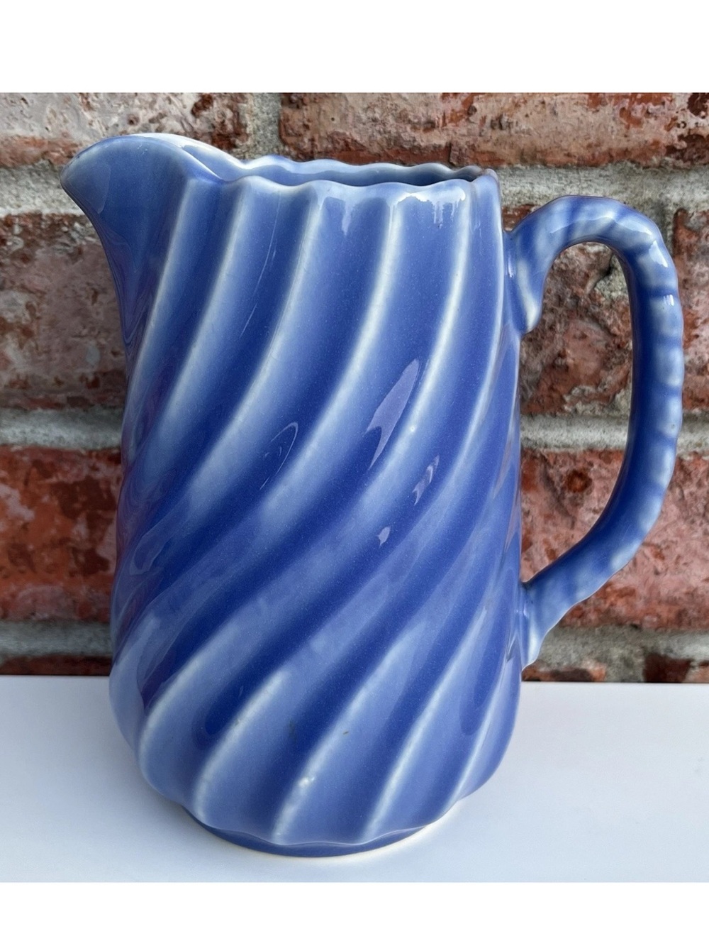 Vintage Antique Ceramic Pitcher Blue Swirl Pattern Glazed